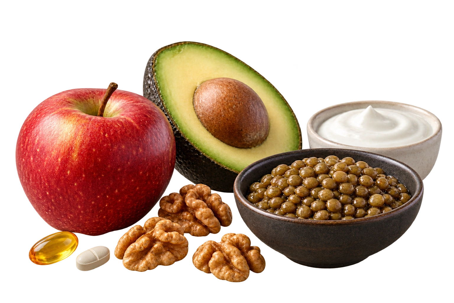 An apple, avocado, walnuts, cooked lentils, yogurt, an omega oil softgel and a supplement tablet