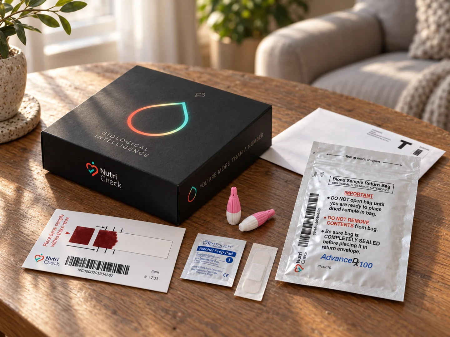 NutriCheck kit with collection card, two lancets, alcohol swab, bandage, sample pouch and prepaid return envelope