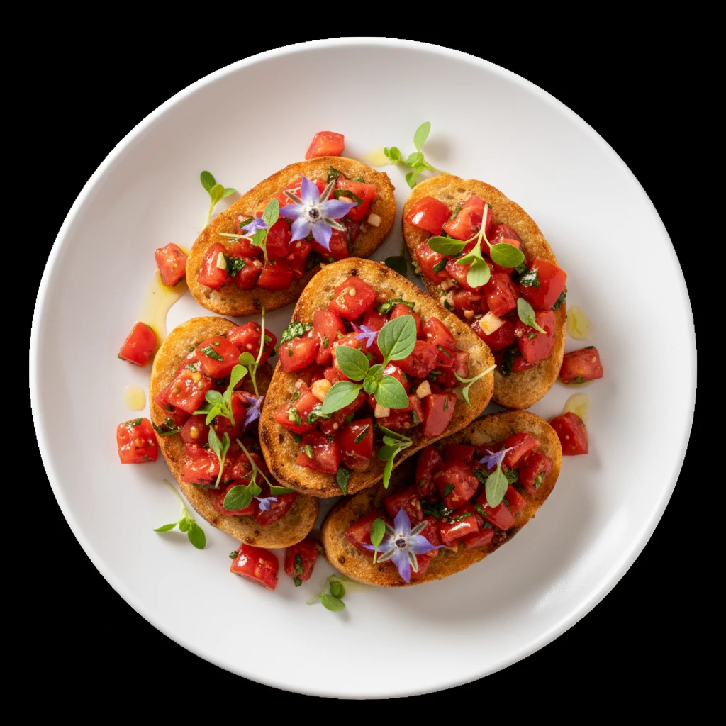Tomato bruschetta on a complete, uncropped plate