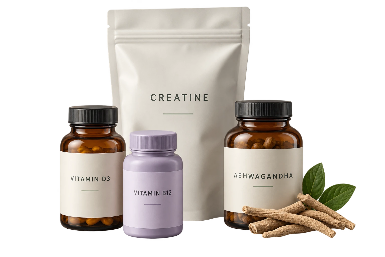 Creatine, vitamin D3, vitamin B12 and a botanical supplement, illustrative products