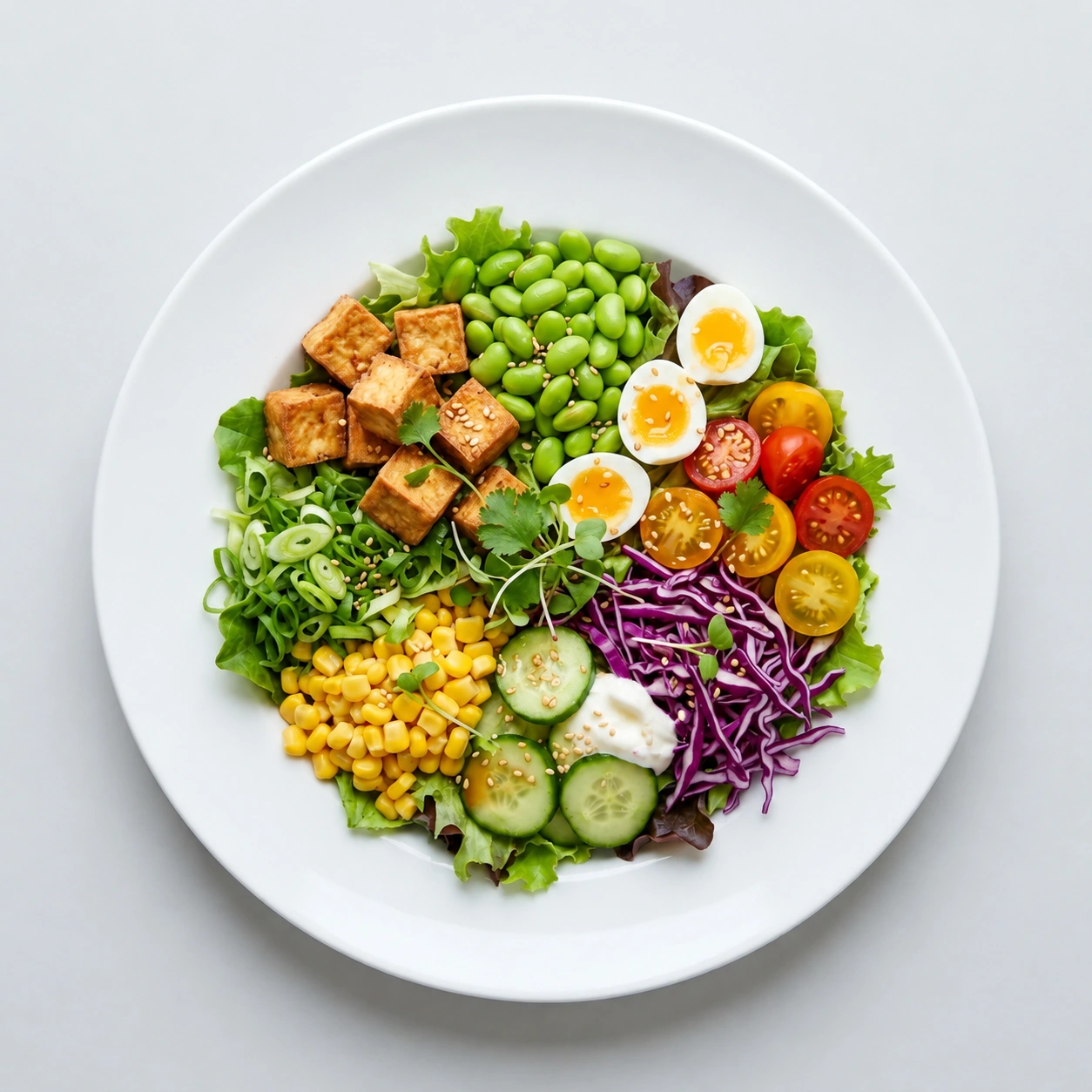 A tofu and vegetable bowl with a yogurt dressing