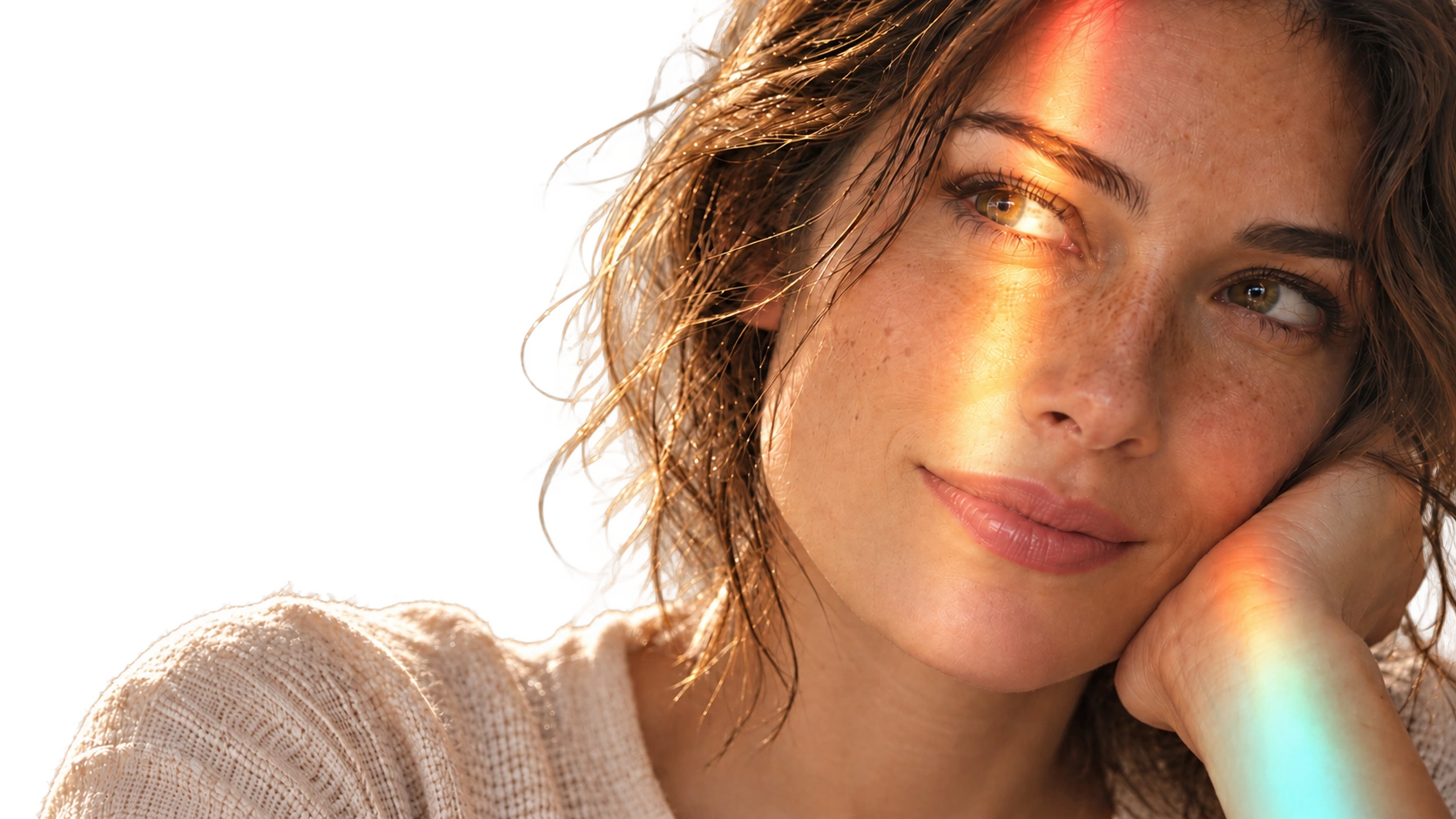 A woman in warm sunlight with subtle iridescent reflections