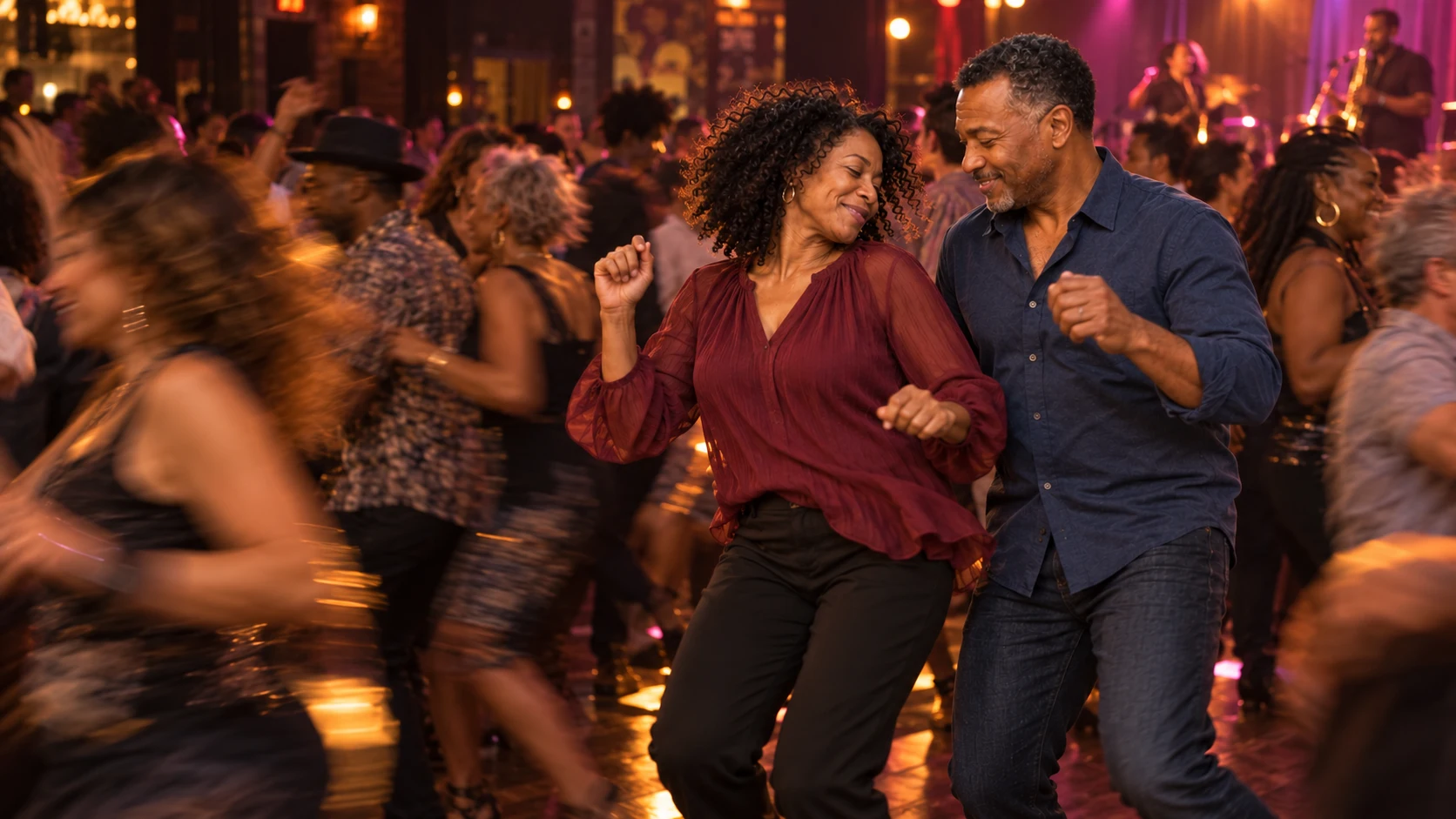 A couple dancing together on a lively dance floor, surrounded by dancers in motion