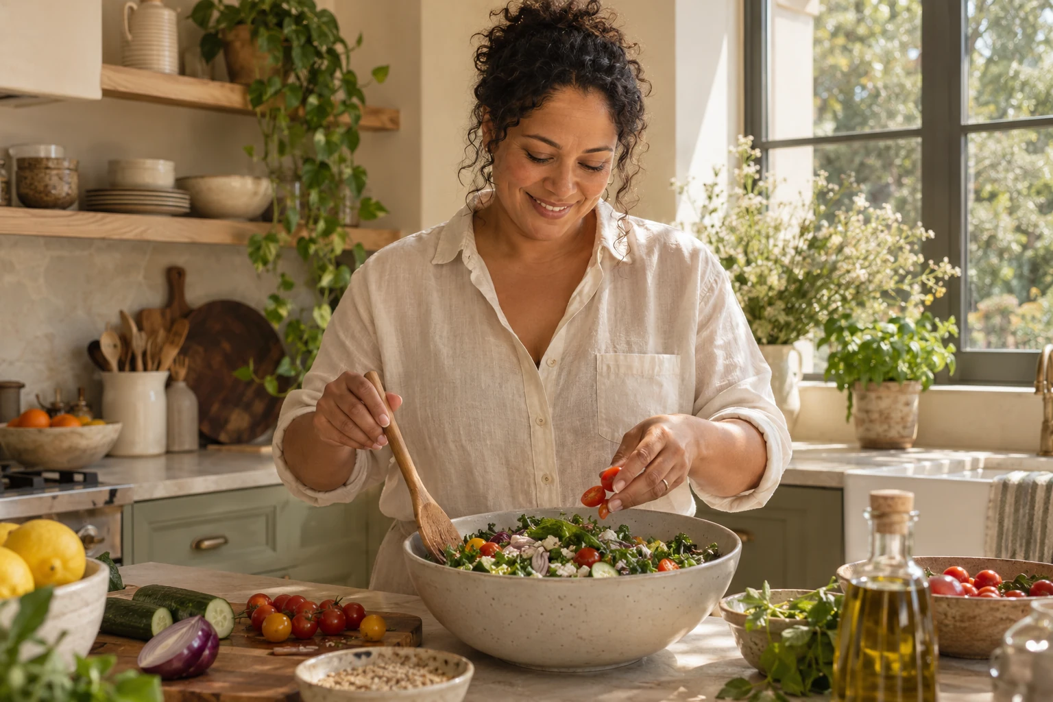 A woman preparing a colourful salad in her kitchen